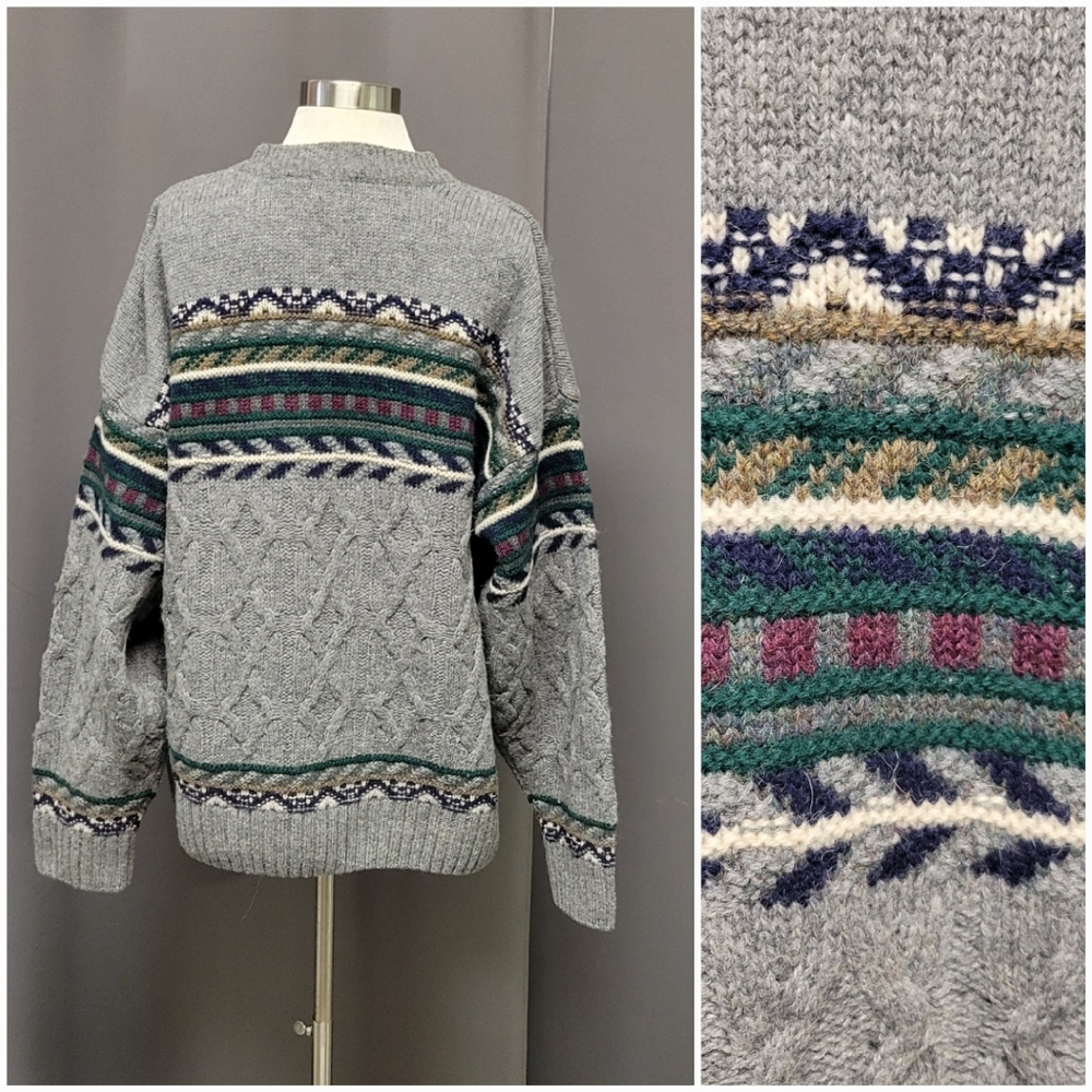 Vintage 90s y2k Gray Wool Dadcore Fair Isle lcelandic Ski Apres Pullover Sweater